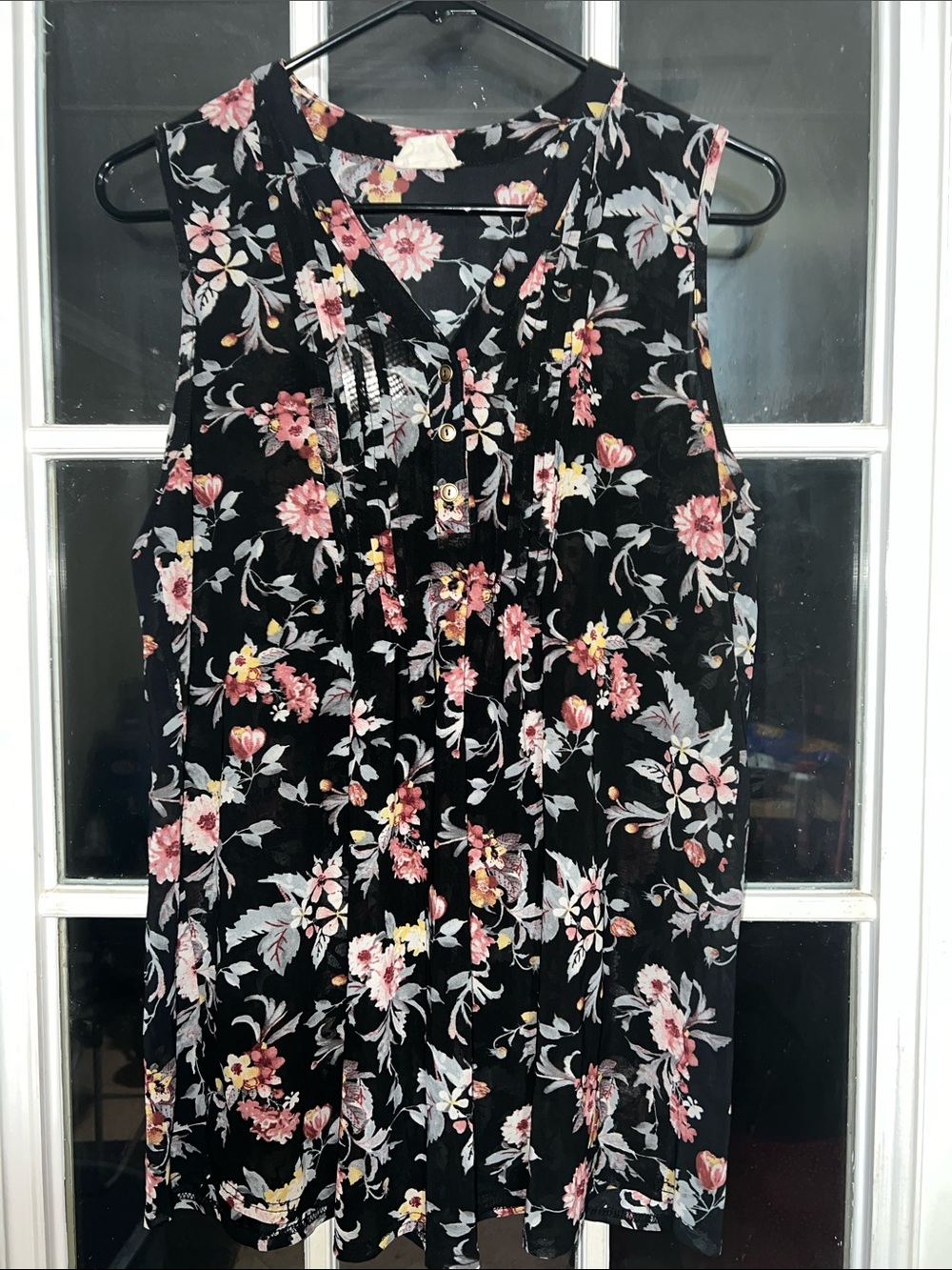 Black Sleeveless Floral V-Neck Top with Pink Accents